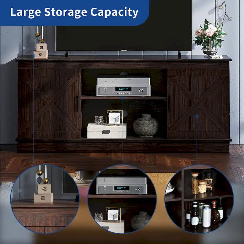 Meuble TV de ferme pour téléviseur de 65 pouces, meuble console média, portes de grange rustiques