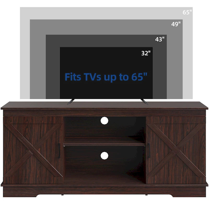 Meuble TV de ferme pour téléviseur de 65 pouces, meuble console média, portes de grange rustiques