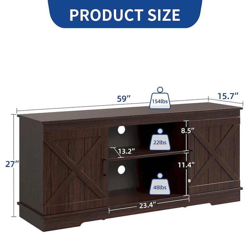Meuble TV de ferme pour téléviseur de 65 pouces, meuble console média, portes de grange rustiques