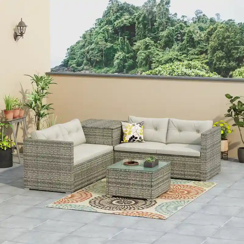 Ensemble de canapé de jardin 4 pièces avec coffre de rangement
