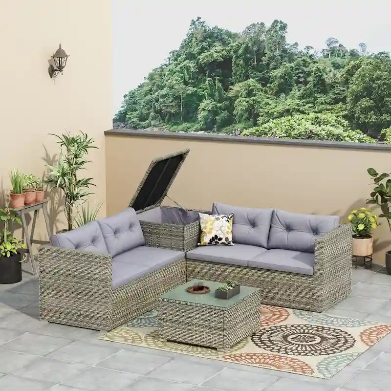 Ensemble de canapé de jardin 4 pièces avec coffre de rangement