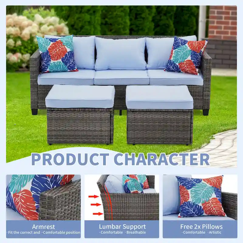 Ensemble de meubles d'extérieur 3 pièces en osier résistant aux intempéries avec coussins pour la conversation