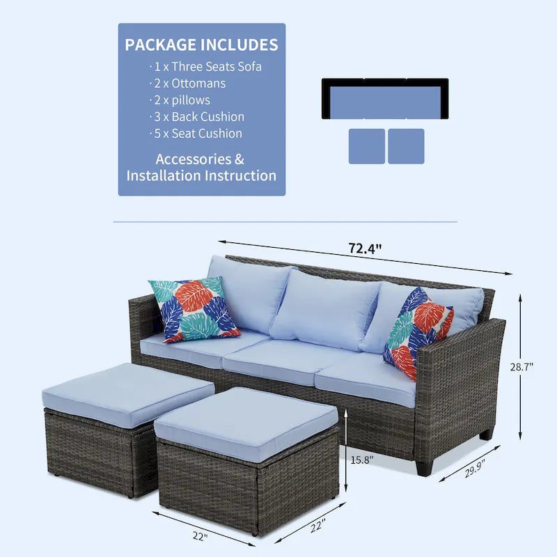 Ensemble de meubles d'extérieur 3 pièces en osier résistant aux intempéries avec coussins pour la conversation