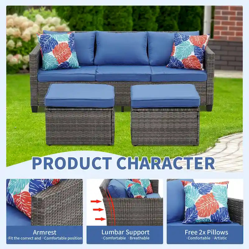 Ensemble de meubles d'extérieur 3 pièces en osier résistant aux intempéries avec coussins pour la conversation