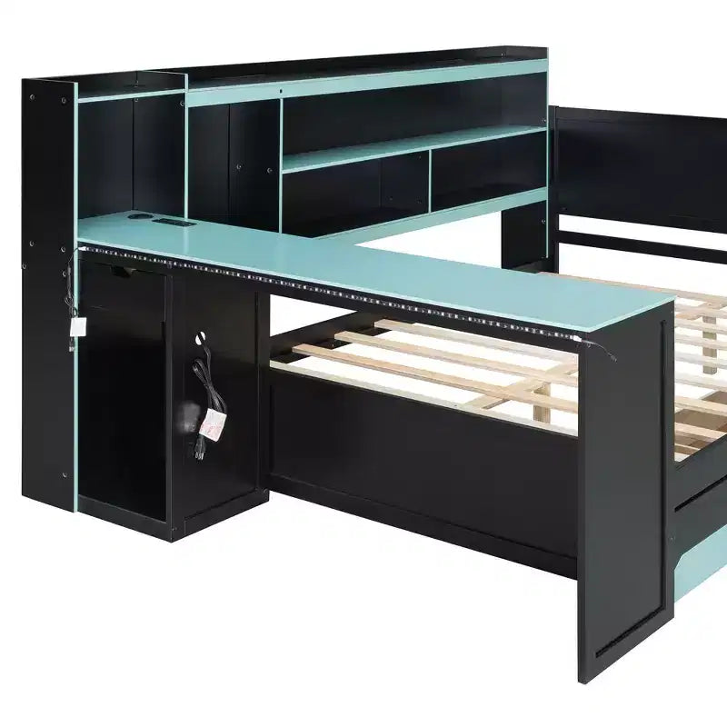 Full/Queen Gaming Daybed with Bookcase Headboard, LED Lights, Integrated Desk, Drawers and Charging Station