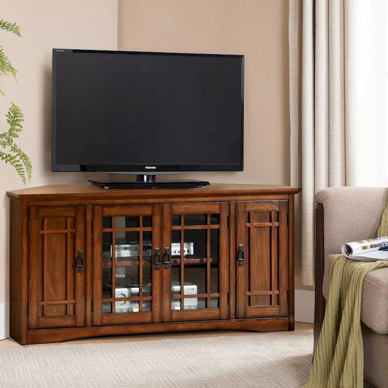 Meuble TV d'angle Leick Home en chêne massif avec quatre portes