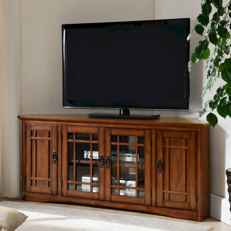 Meuble TV d'angle Leick Home en chêne massif avec quatre portes