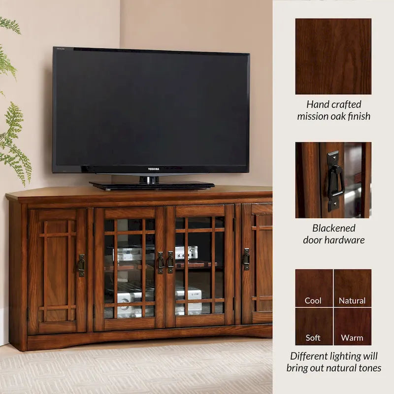 Meuble TV d'angle Leick Home en chêne massif avec quatre portes