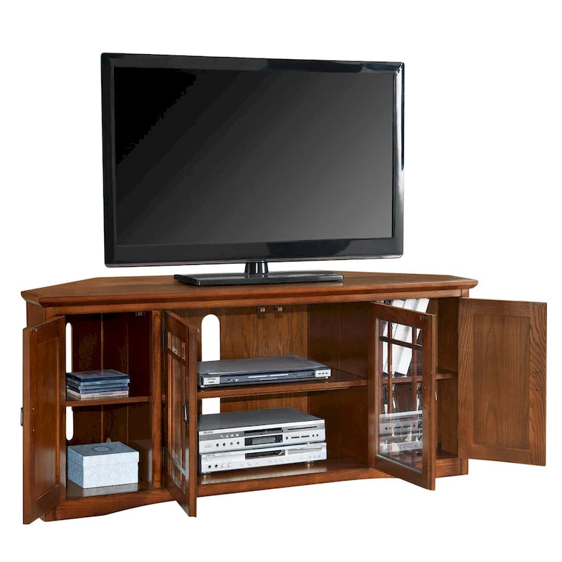 Meuble TV d'angle Leick Home en chêne massif avec quatre portes