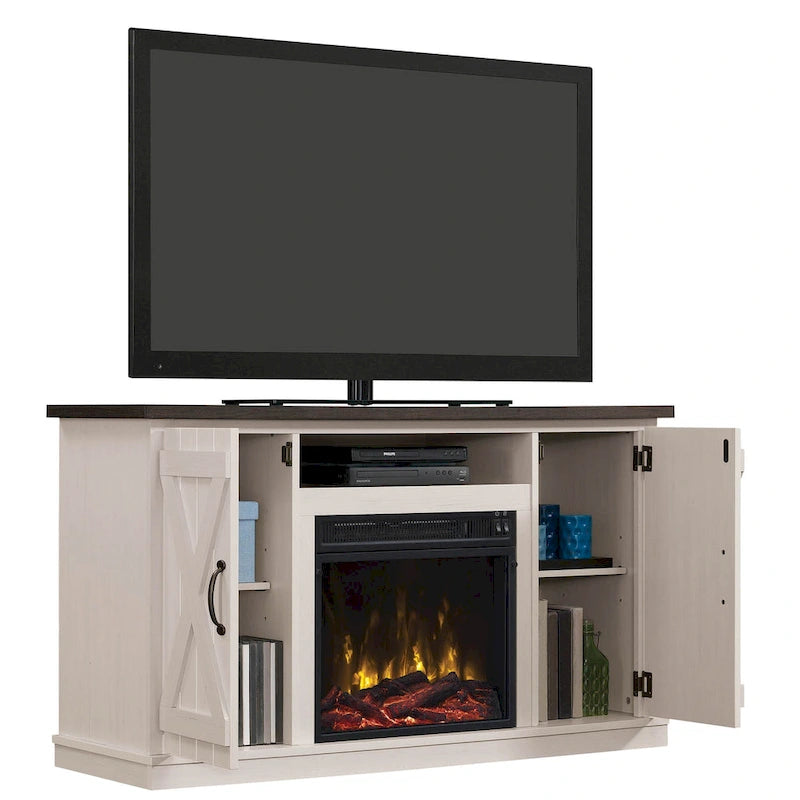 Meuble TV de style ferme moderne pour téléviseurs jusqu'à 55 pouces avec cheminée électrique