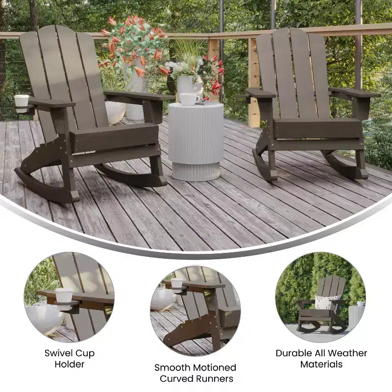 Merrick Lane Set of 2 Adirondack Rocking Chairs with Cup Holder, All-Weather HDPE Indoor/Outdoor Chairs