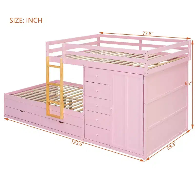 Lit superposé double sur double avec armoire de rangement et tiroirs, lit superposé double en bois peu encombrant avec garde-corps pour appartement, chambre à coucher
