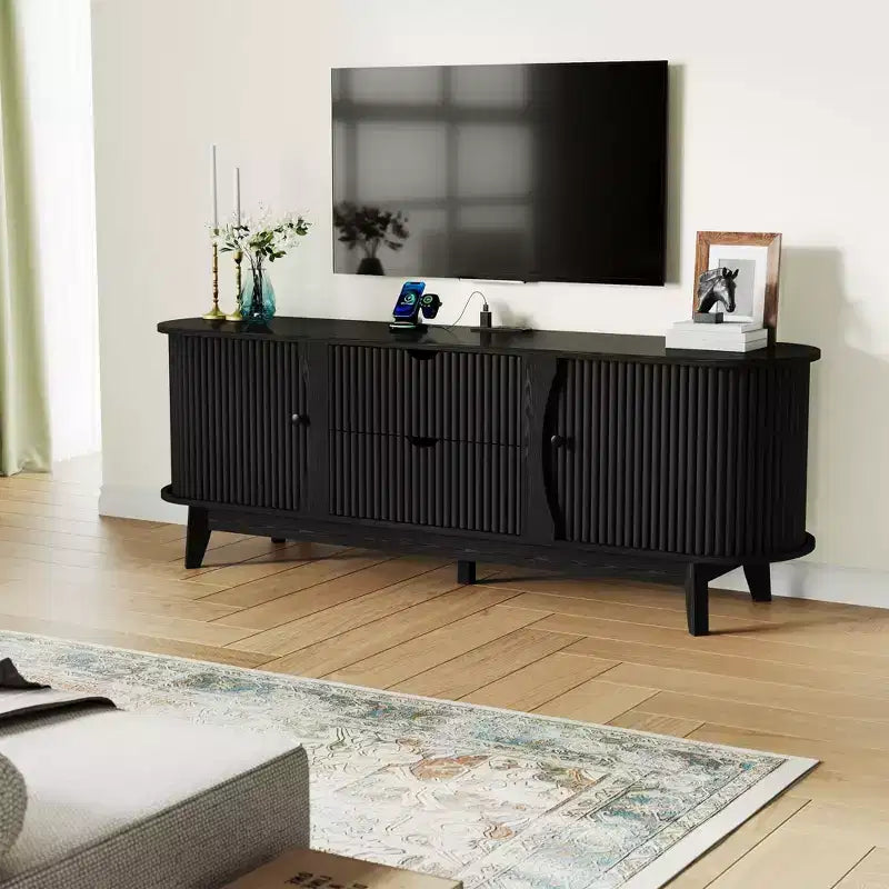 Black/Brown Mid Century TV Stand with 2 Drawers, for 1 Room