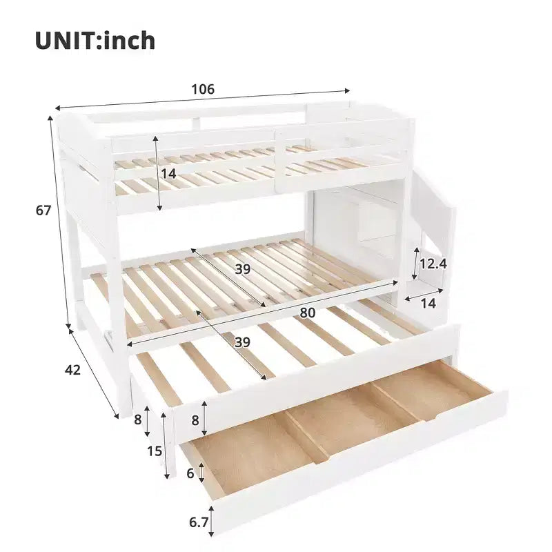 Lit superposé Whisen Twin XL avec lit gigogne, lit superposé avec rangement, lit superposé en bois massif, escalier de rangement, armoire, 3 tiroirs, pour enfants