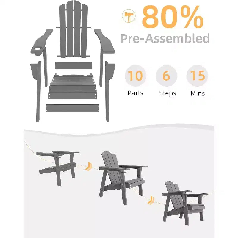 EROMMY Adirondack Chair - Durable HDPE Poly Lumber, Oversized Balcony Porch Patio Outdoor Chair,Gray