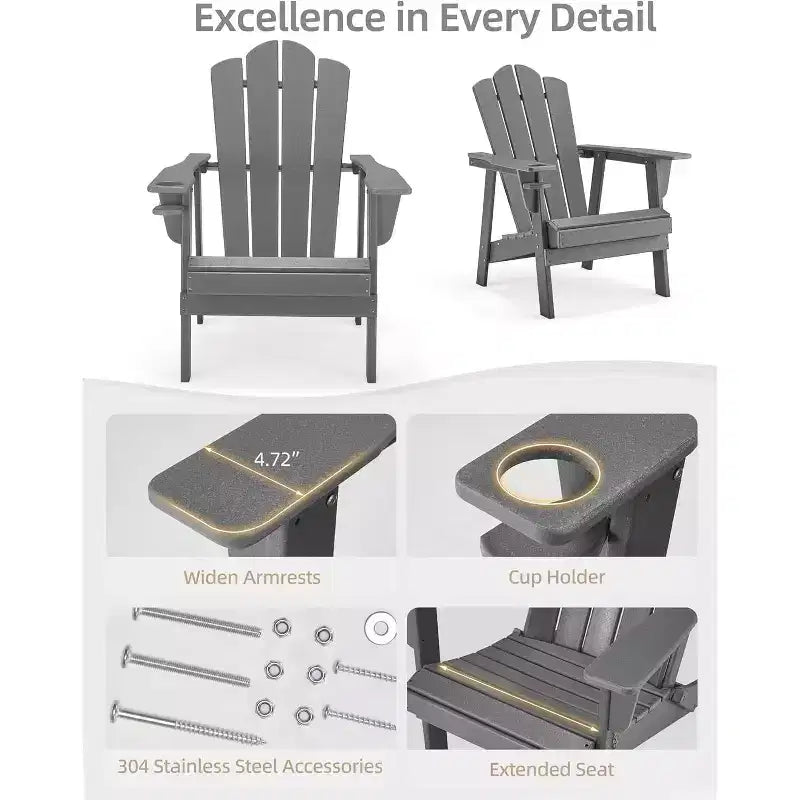 EROMMY Adirondack Chair - Durable HDPE Poly Lumber, Oversized Balcony Porch Patio Outdoor Chair,Gray