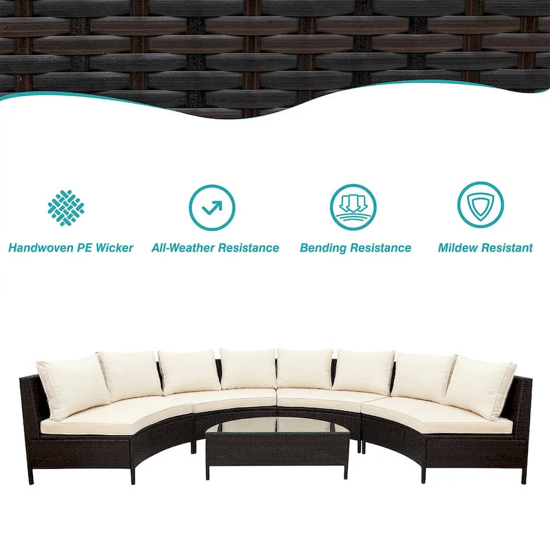 Ensemble de canapé d'extérieur semi-circulaire TOPMAX 5 pièces avec table en verre trempé