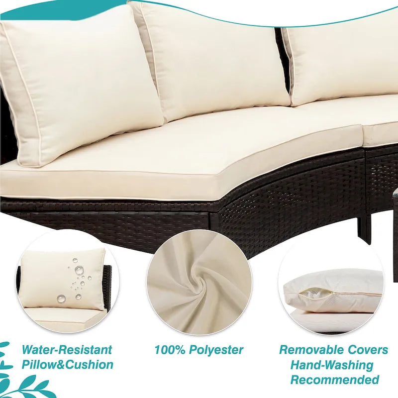 Ensemble de canapé d'extérieur semi-circulaire TOPMAX 5 pièces avec table en verre trempé