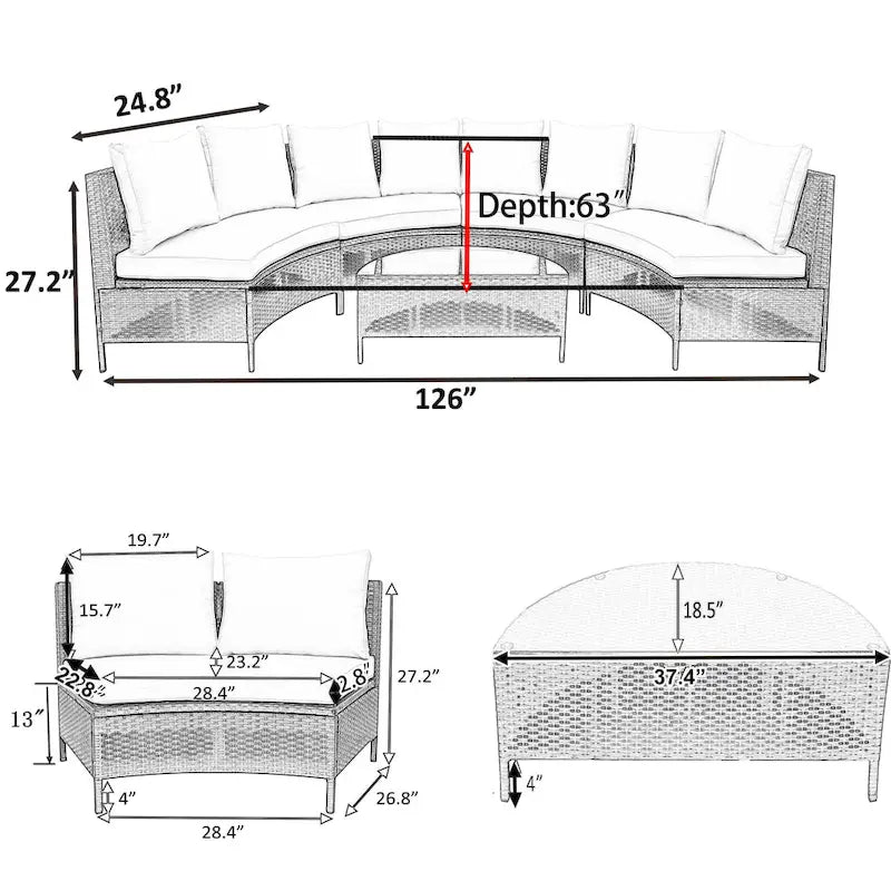 Ensemble de canapé d'extérieur semi-circulaire TOPMAX 5 pièces avec table en verre trempé