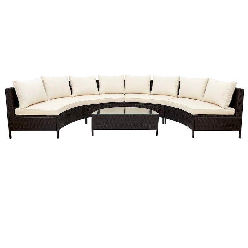 Ensemble de canapé d'extérieur semi-circulaire TOPMAX 5 pièces avec table en verre trempé