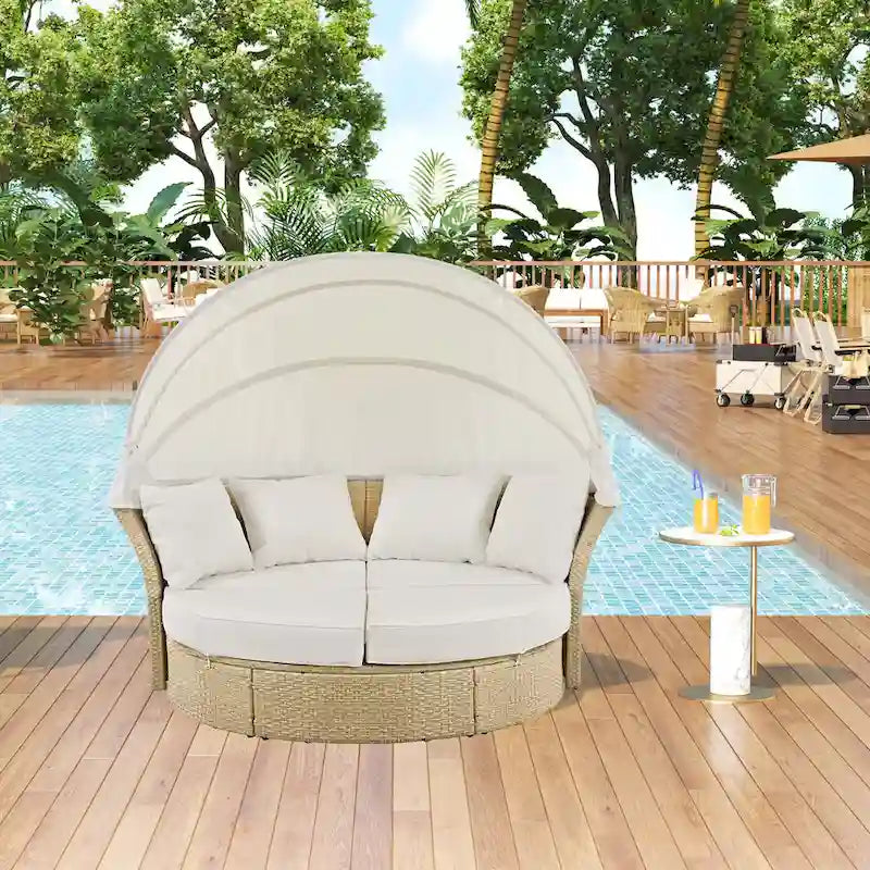Outdoor Patio Daybed Round Sofa Furniture Set, 4 Pillows