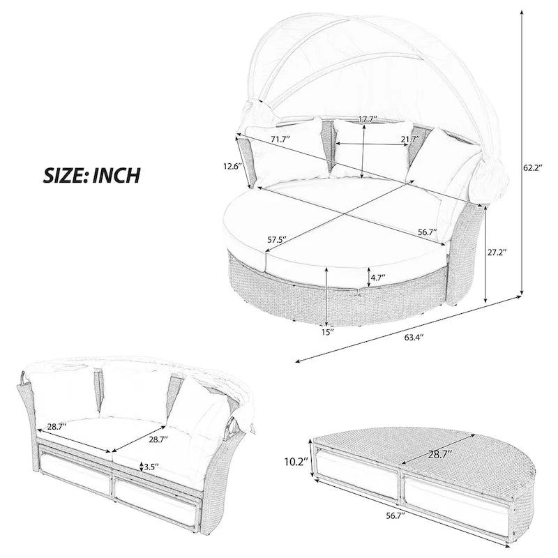 Outdoor Patio Daybed Round Sofa Furniture Set, 4 Pillows