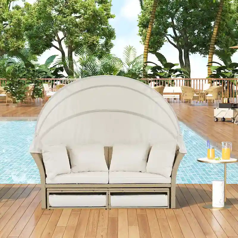 Outdoor Patio Daybed Round Sofa Furniture Set, 4 Pillows