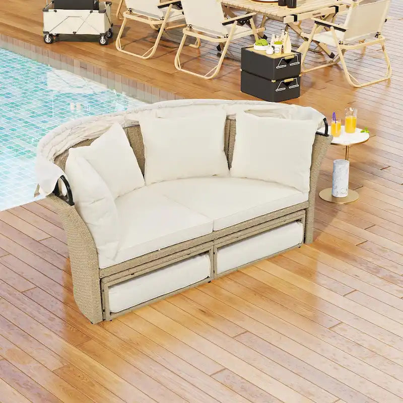 Outdoor Patio Daybed Round Sofa Furniture Set, 4 Pillows