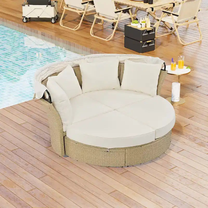 Outdoor Patio Daybed Round Sofa Furniture Set, 4 Pillows