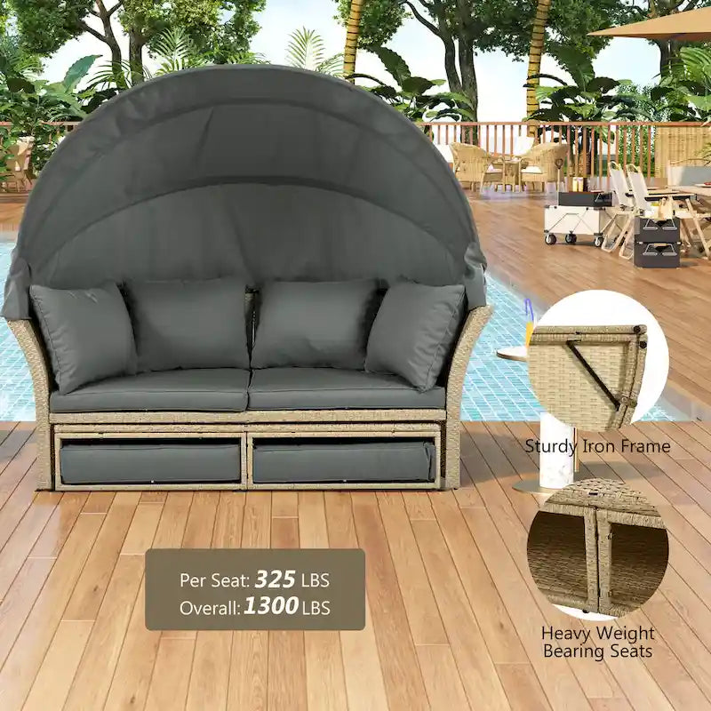 Outdoor Patio Daybed Round Sofa Furniture Set, 4 Pillows