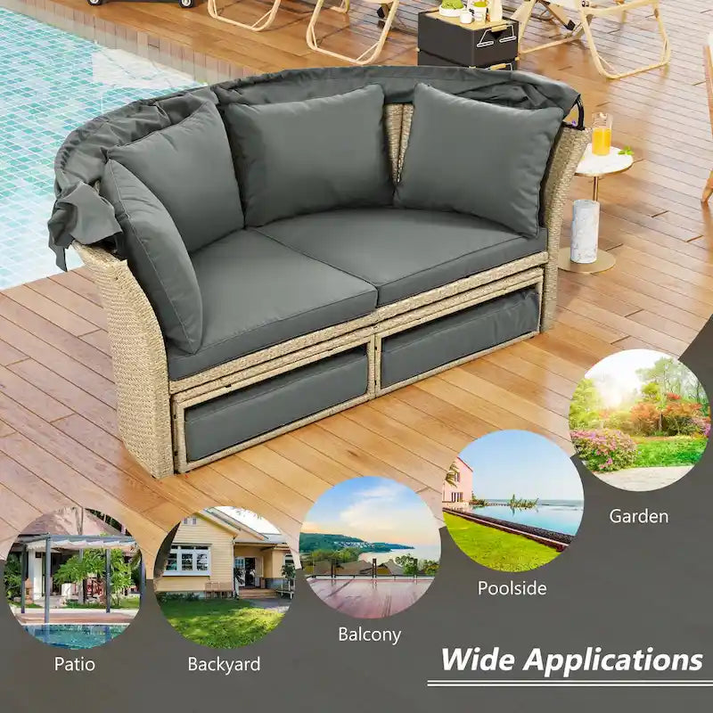 Outdoor Patio Daybed Round Sofa Furniture Set, 4 Pillows