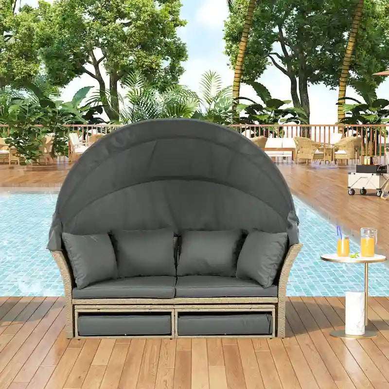 Outdoor Patio Daybed Round Sofa Furniture Set, 4 Pillows