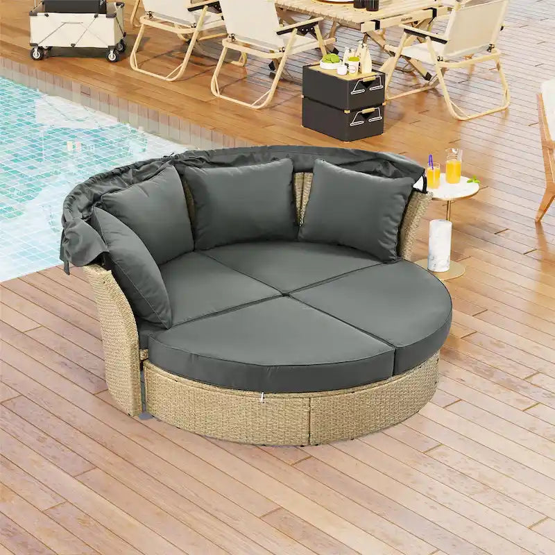 Outdoor Patio Daybed Round Sofa Furniture Set, 4 Pillows