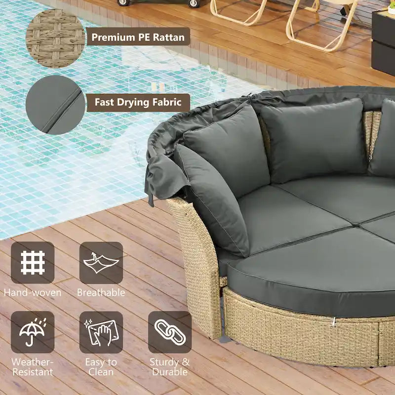 Outdoor Patio Daybed Round Sofa Furniture Set, 4 Pillows