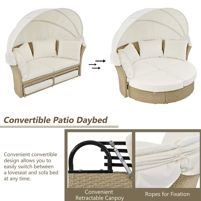 Outdoor Patio Daybed Round Sofa Furniture Set, 4 Pillows