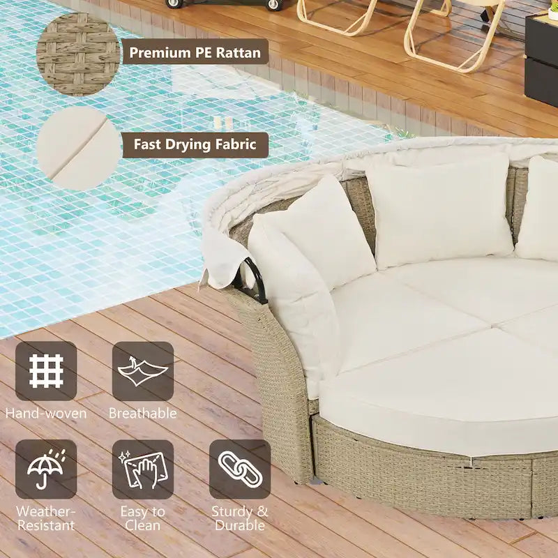 Outdoor Patio Daybed Round Sofa Furniture Set, 4 Pillows