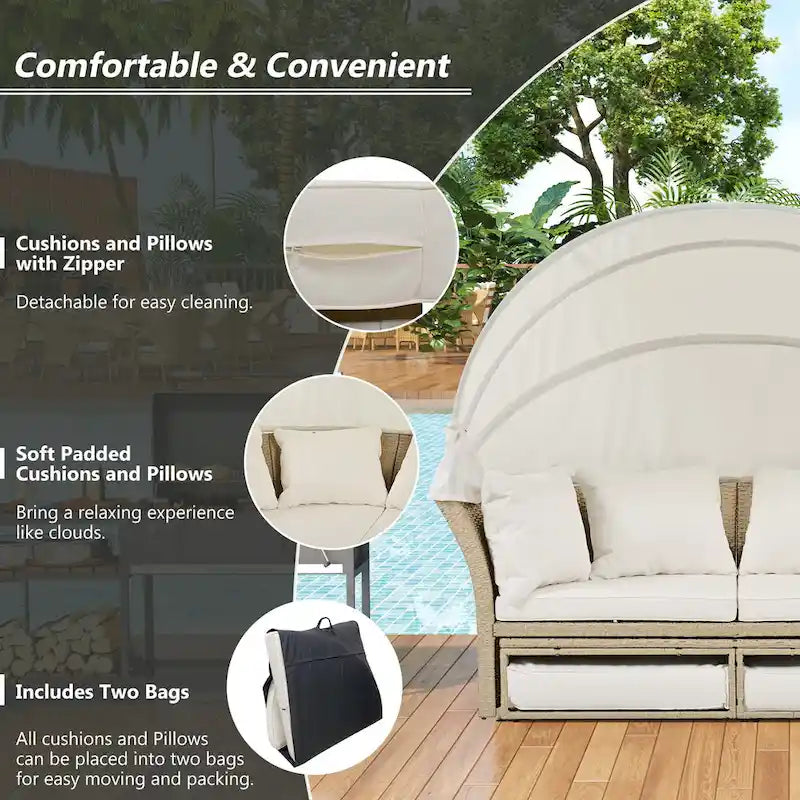Outdoor Patio Daybed Round Sofa Furniture Set, 4 Pillows