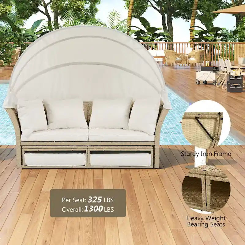 Outdoor Patio Daybed Round Sofa Furniture Set, 4 Pillows