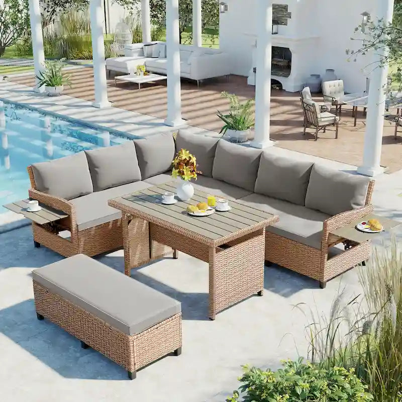 TOMAX 5-PieceRattan Sofa Wicker L-Shaped Set with 2 Extendable Side Tables