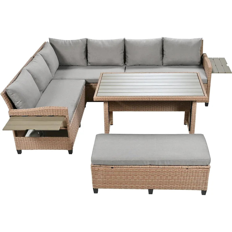 TOMAX Canapé en rotin tressé 5 pièces en forme de L avec 2 tables d'appoint extensibles