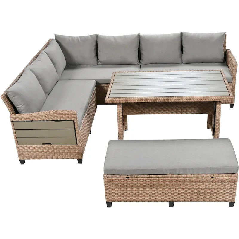 TOMAX Canapé en rotin tressé 5 pièces en forme de L avec 2 tables d'appoint extensibles