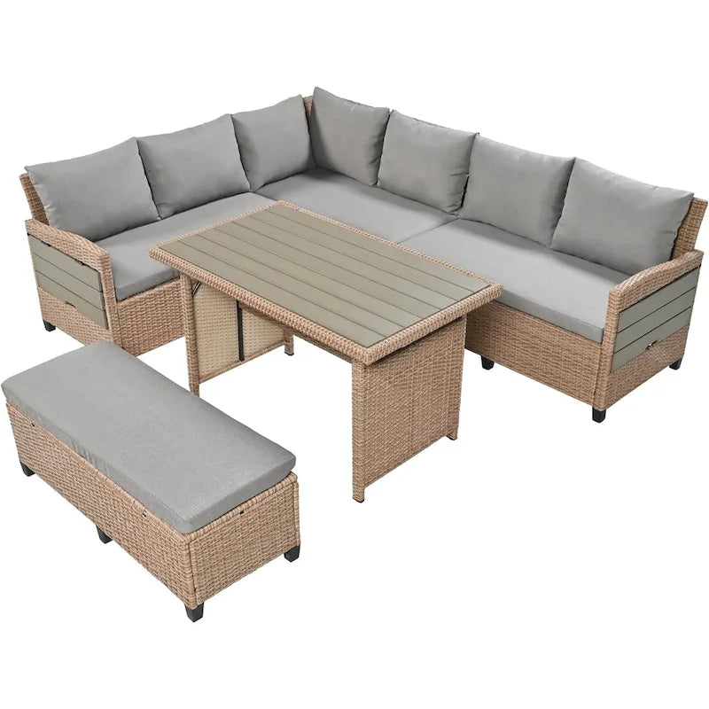 TOMAX Canapé en rotin tressé 5 pièces en forme de L avec 2 tables d'appoint extensibles