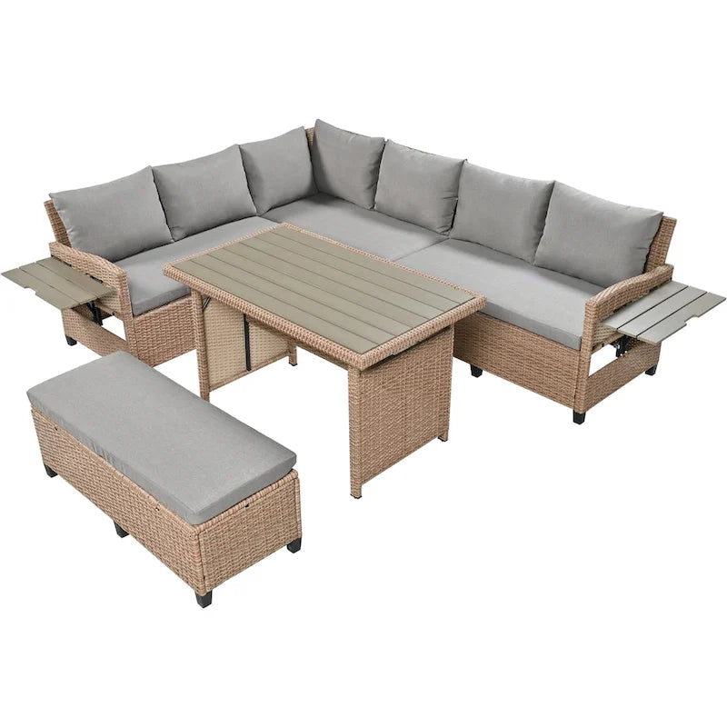 TOMAX Canapé en rotin tressé 5 pièces en forme de L avec 2 tables d'appoint extensibles