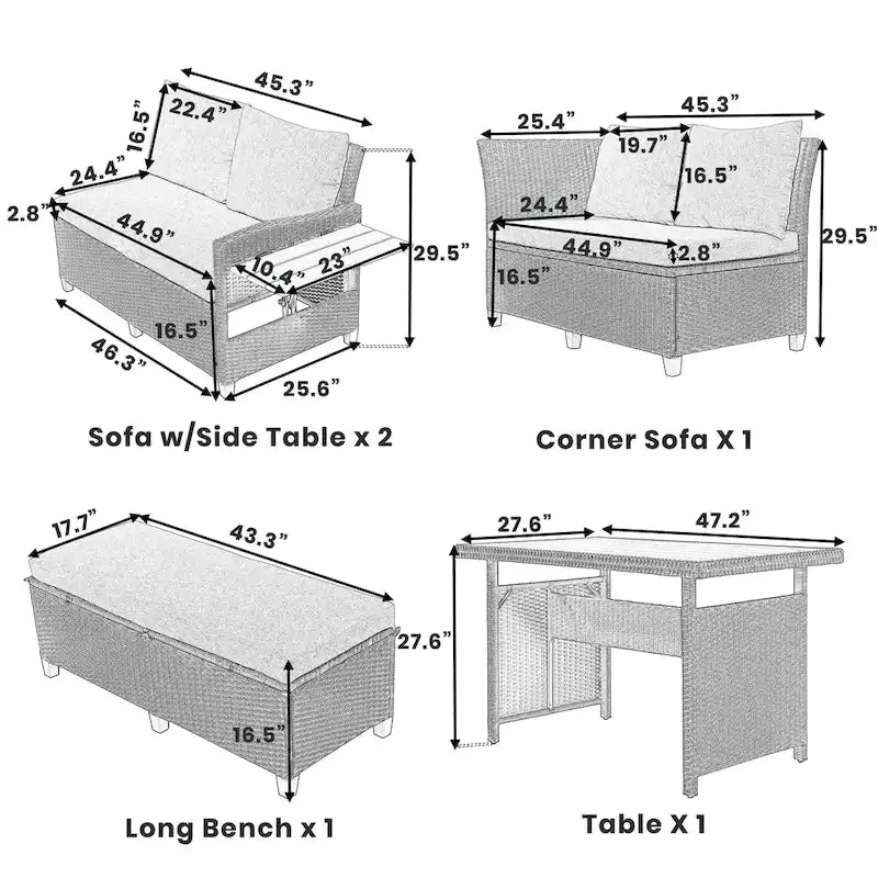 TOMAX Canapé en rotin tressé 5 pièces en forme de L avec 2 tables d'appoint extensibles