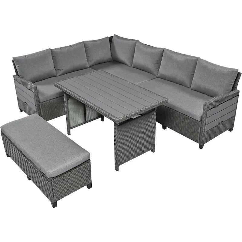 TOMAX Canapé en rotin tressé 5 pièces en forme de L avec 2 tables d'appoint extensibles