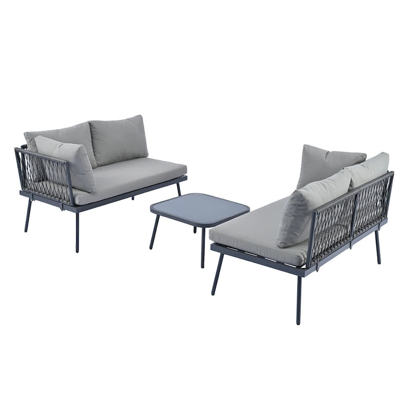 Modern Outdoor 3-Piece PE Rattan Sectional Sofa Set with Cushions and Glass Table