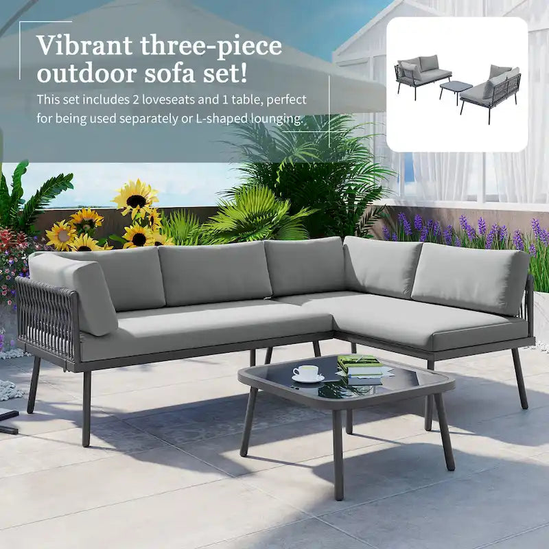 Modern Outdoor 3-Piece PE Rattan Sectional Sofa Set with Cushions and Glass Table