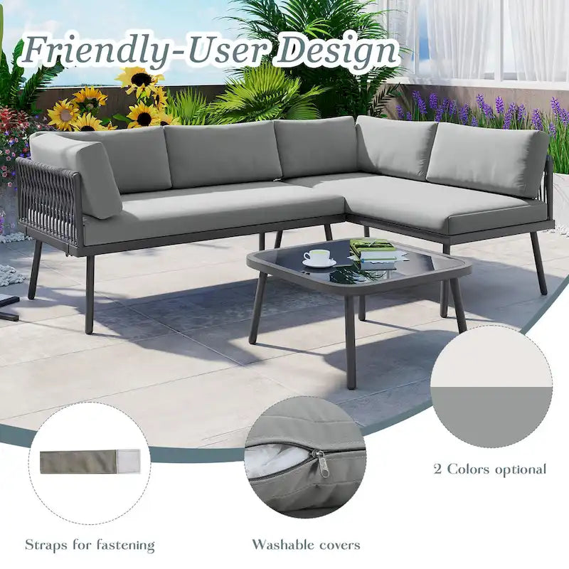 Modern Outdoor 3-Piece PE Rattan Sectional Sofa Set with Cushions and Glass Table