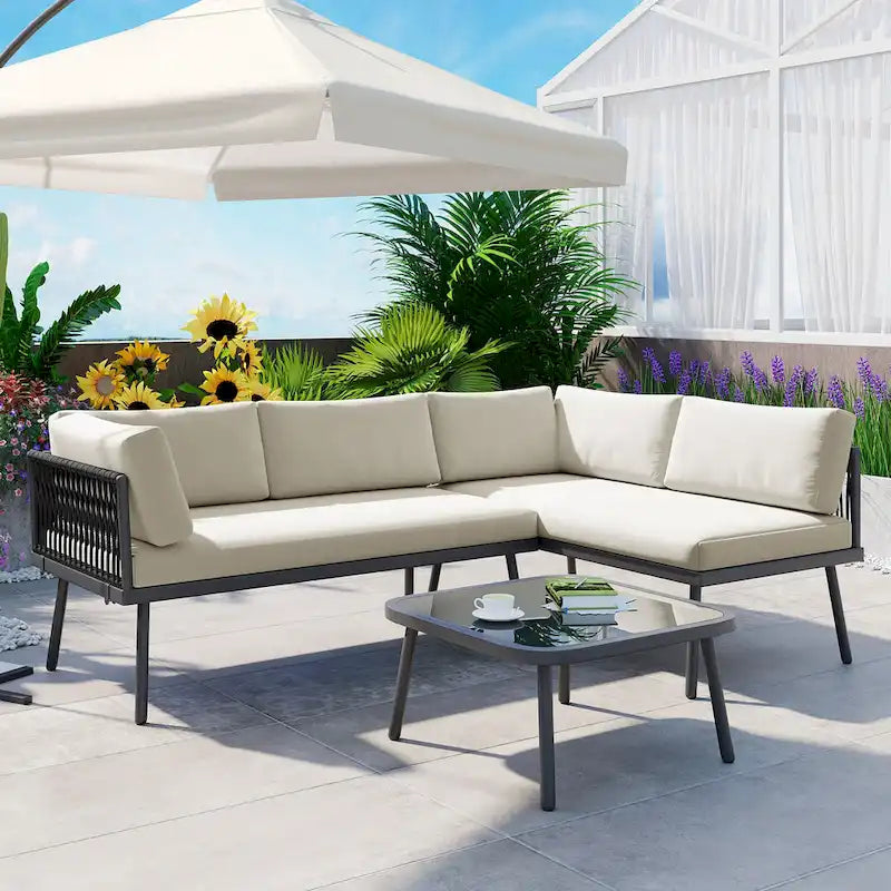 Modern Outdoor 3-Piece PE Rattan Sectional Sofa Set with Cushions and Glass Table