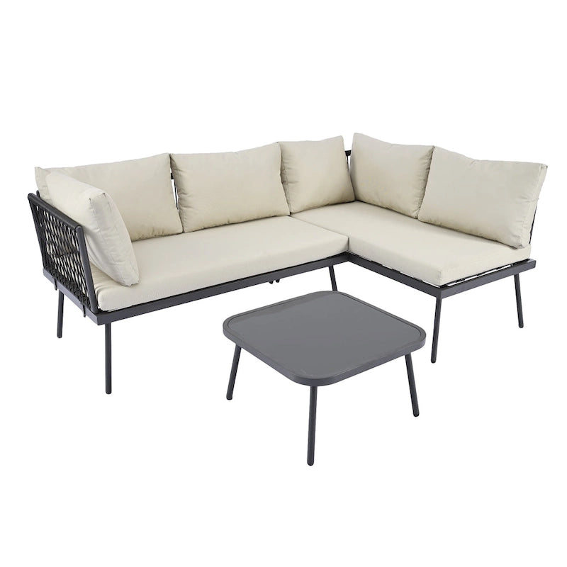 Modern Outdoor 3-Piece PE Rattan Sectional Sofa Set with Cushions and Glass Table